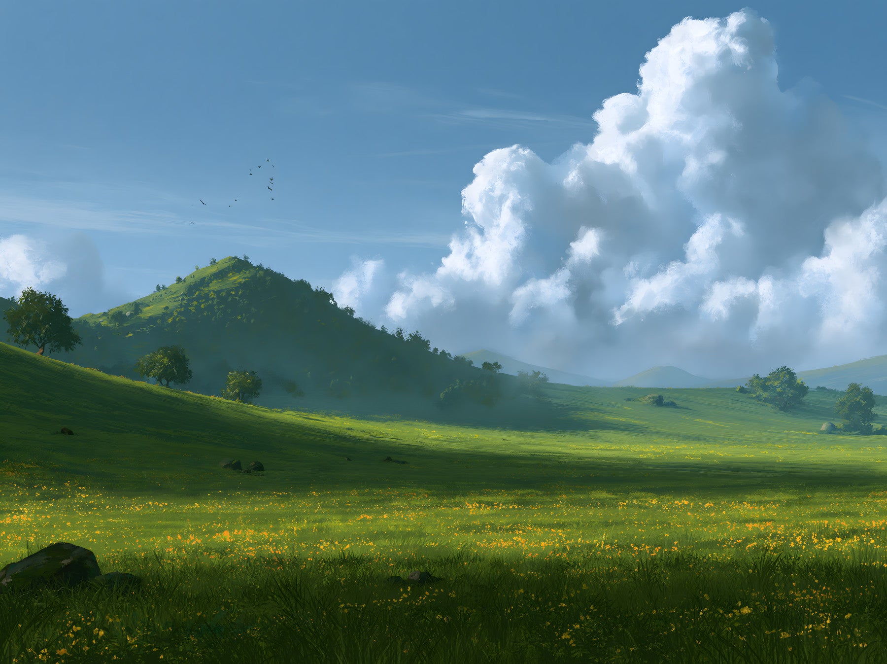 Wandbild mit sanften grünen Hügeln und sommerlichem Himmel