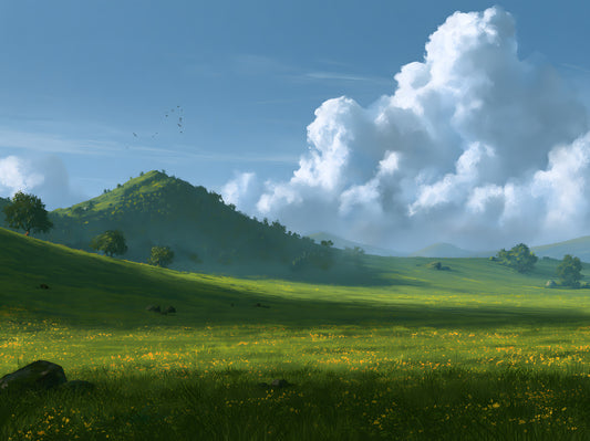 Wandbild mit sanften grünen Hügeln und sommerlichem Himmel