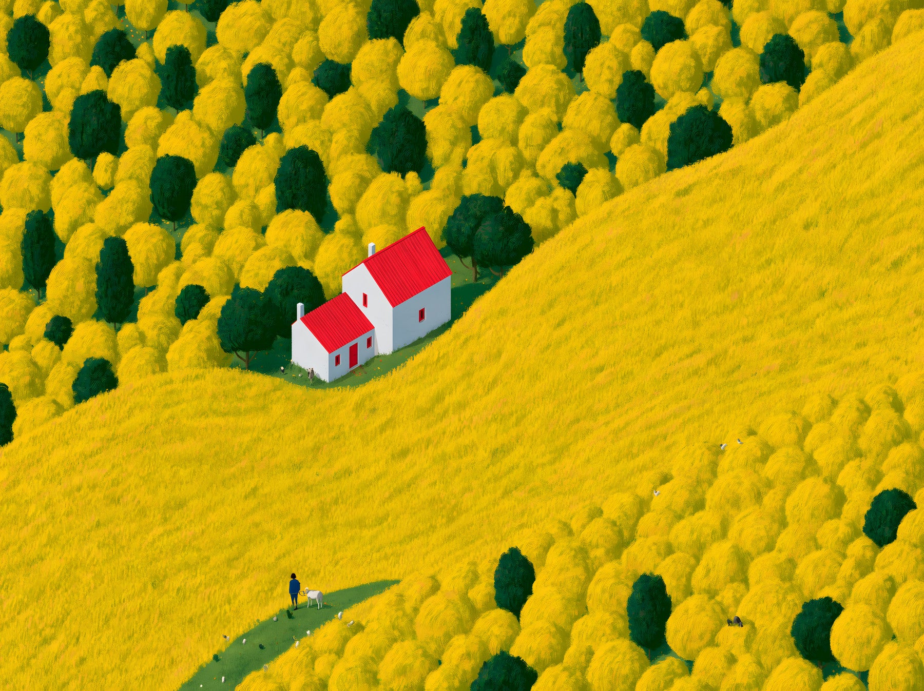 Fresque murale représentant un paysage rural ensoleillé avec un cottage
