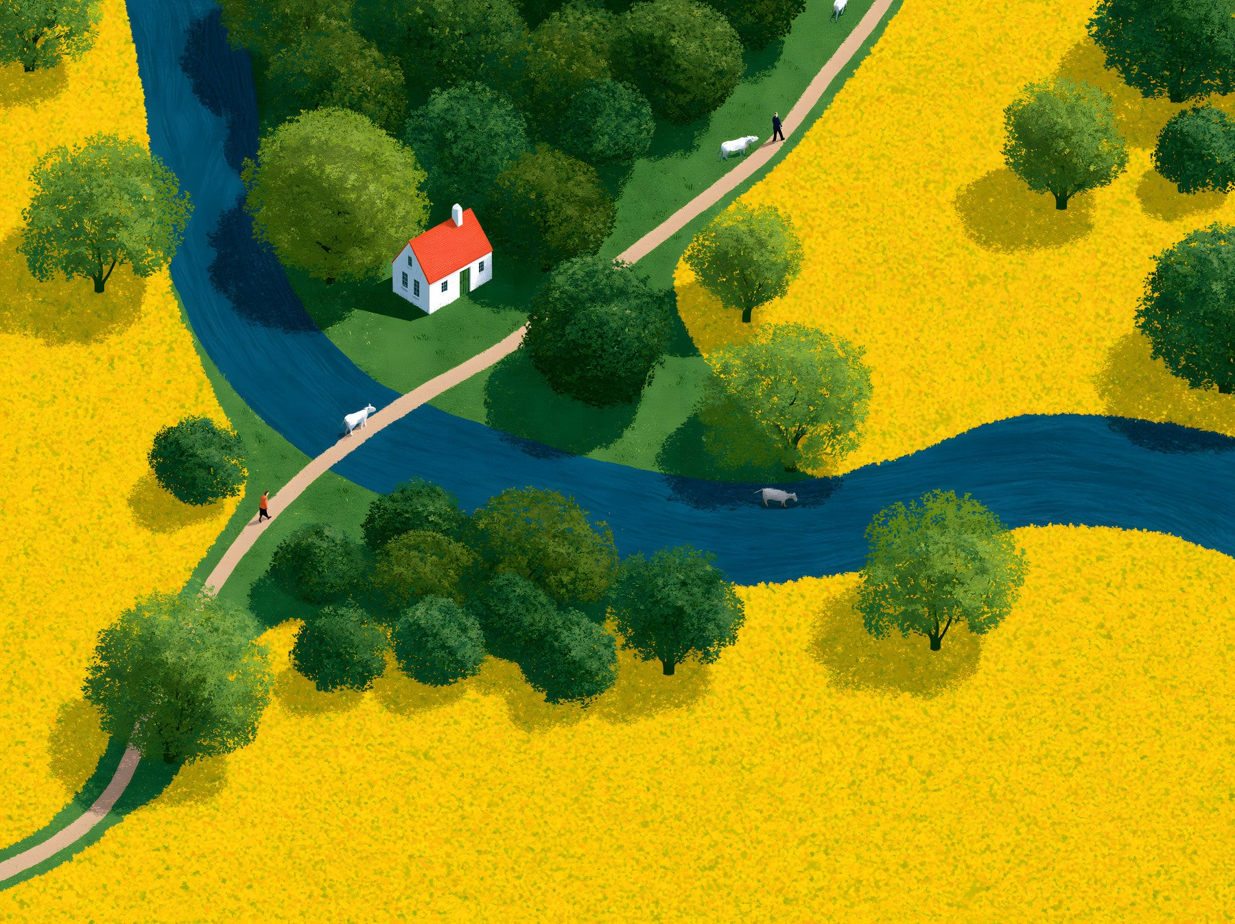 Fresque murale représentant une prairie champêtre en vue isométrique