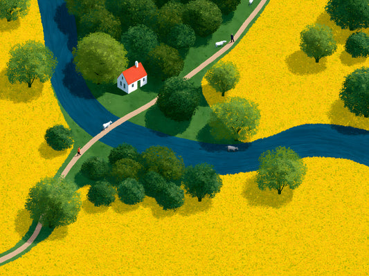 Isometrisches Wandbild mit ländlicher Wiesenlandschaft