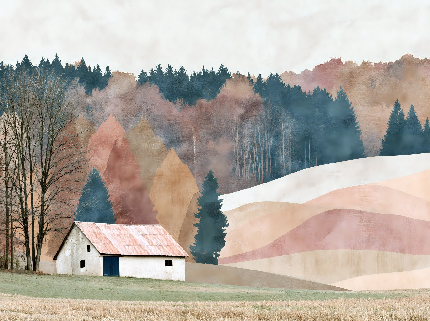 Rustikales Herbsttal mit Hütte – Wandbild
