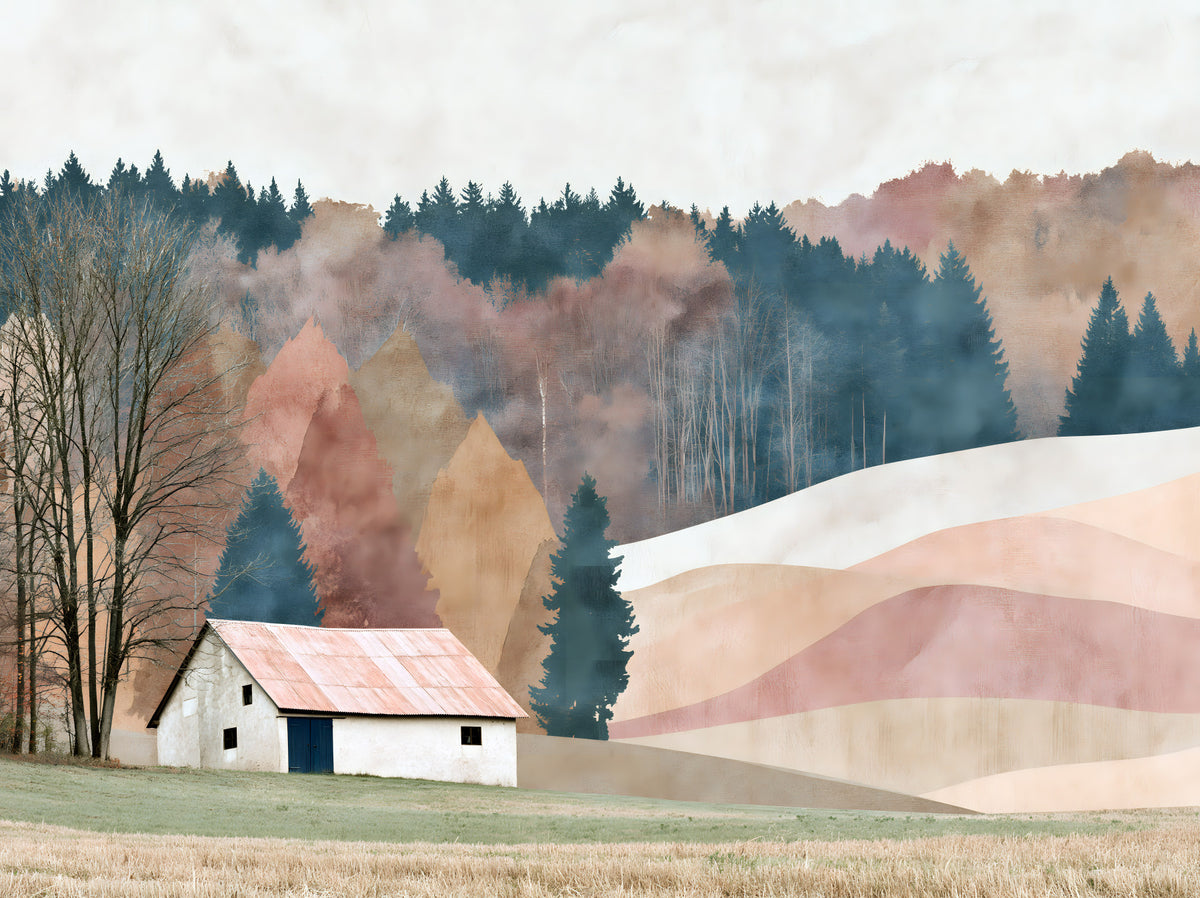 Murale da parete con scena di baita rustica nella valle autunnale