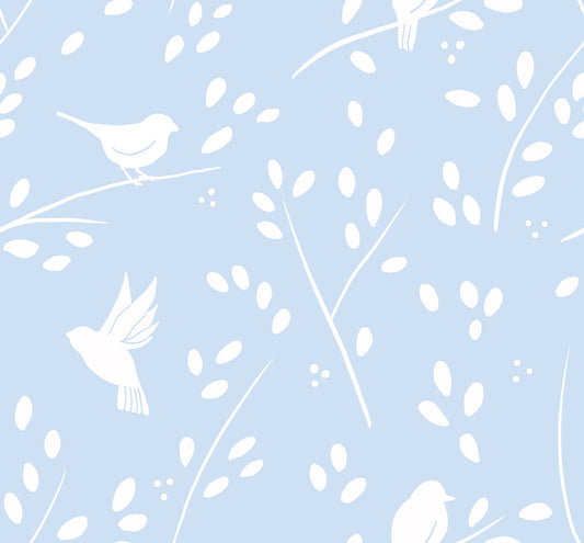 Papel pintado de aves del bosque en azul pastel suave