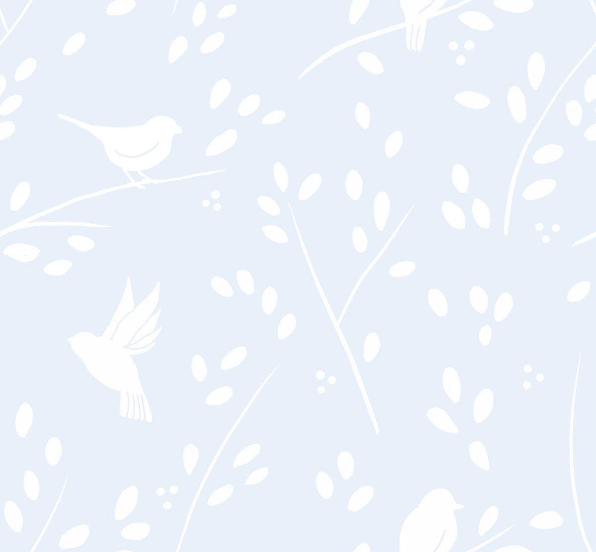 Pastelblauw behang met wintervogels