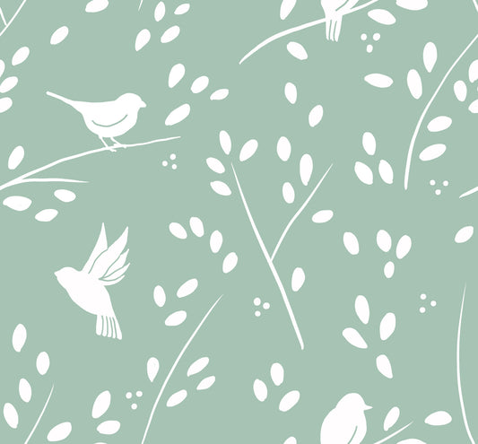 Papel pintado de aves del bosque invernal de un verde exuberante
