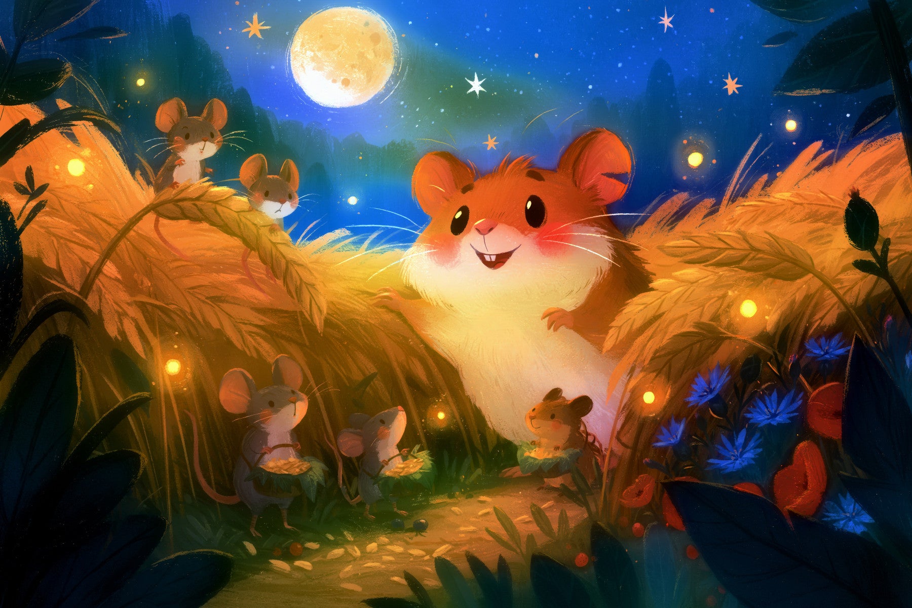Papier peint panoramique représentant une scène de récolte de hamsters au clair de lune