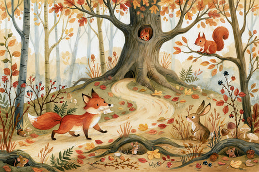 Wandbild „Fuchs und Waldfreunde auf einer Wiese“