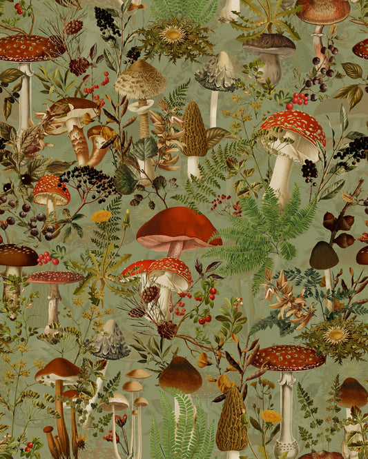 Papier peint vintage de cueillette forestière aux champignons et fougères⁠