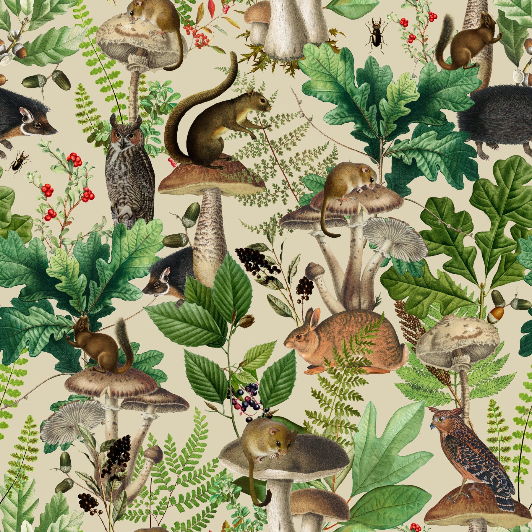 Fortryllet tapet med skovens flora og fauna