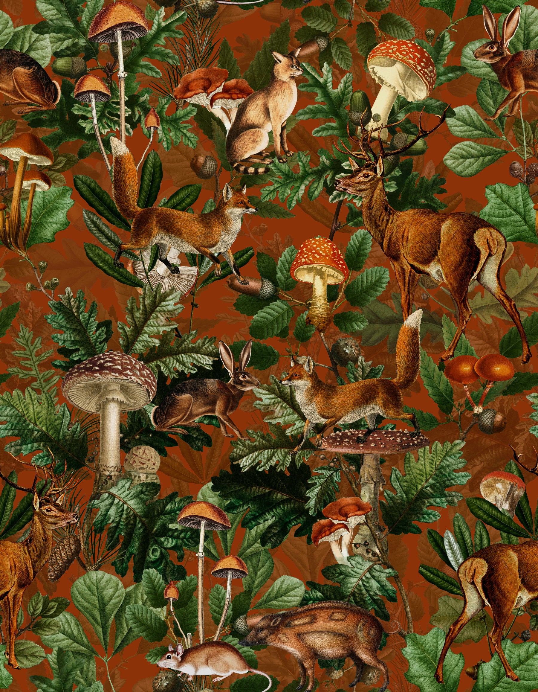 Carta da parati arazzo con creature dei boschi e funghi rustici⁠