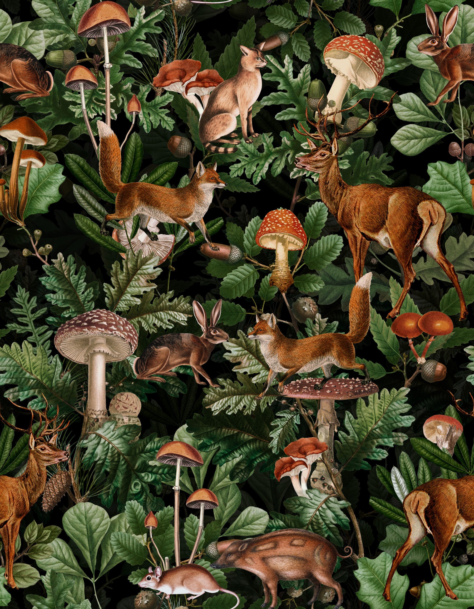Carta da parati con scena della foresta incantata e della fauna del bosco
