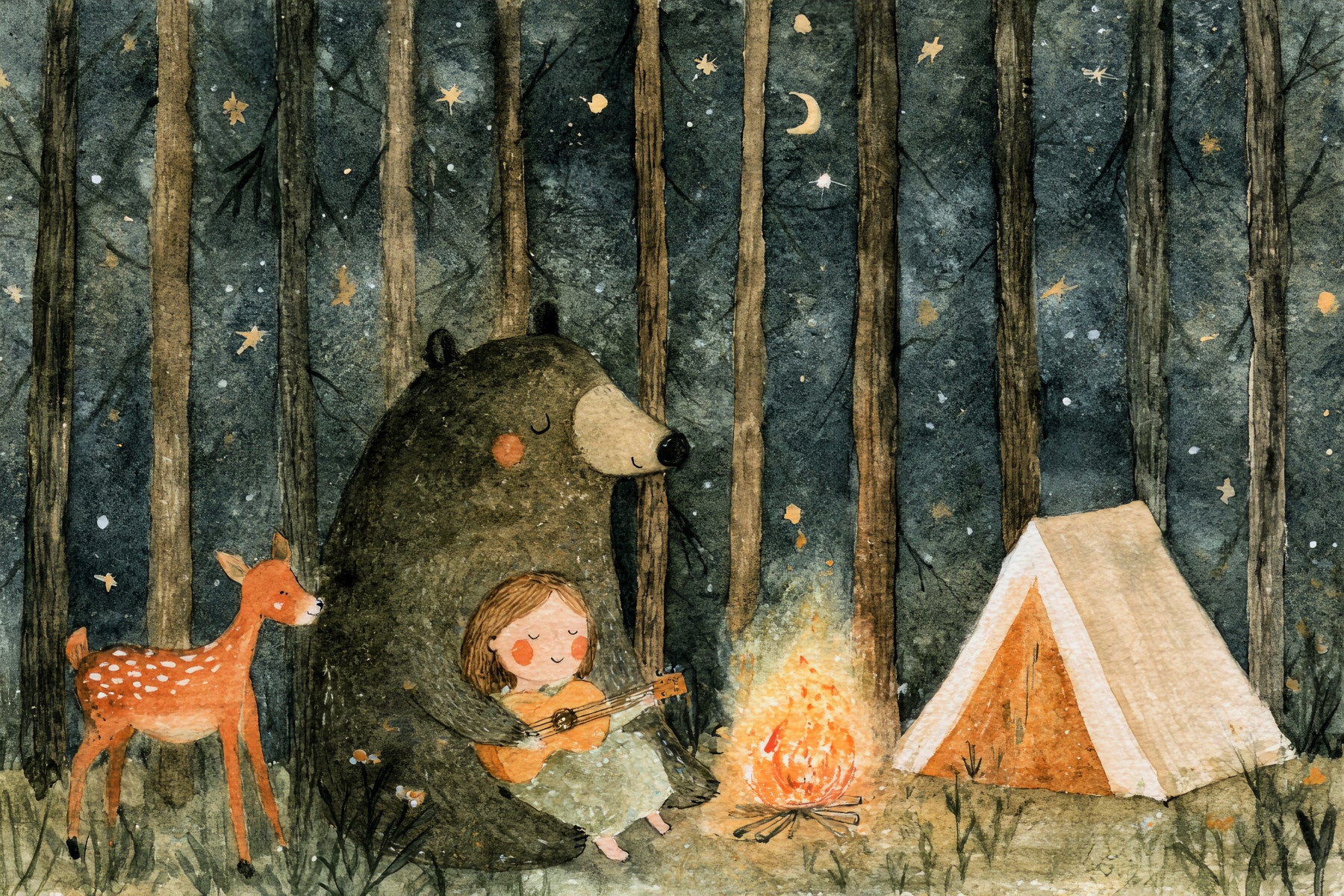 Fresque murale « Amis autour du feu de camp dans la forêt nocturne »