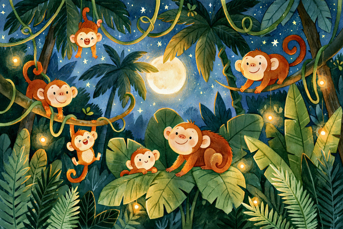 Mural de pared Amigos monos en la jungla iluminada por la luna in your room — zoomed