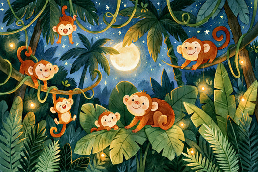 Fresque murale « Amis singes dans la jungle au clair de lune »