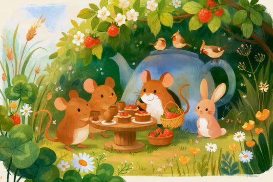 Fresque murale illustrée d’une fête du thé avec des souris dans les bois