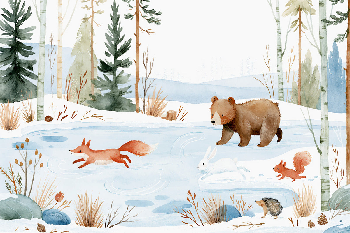 Wandbild „Winterwald-Freunde – Aquarellszene“