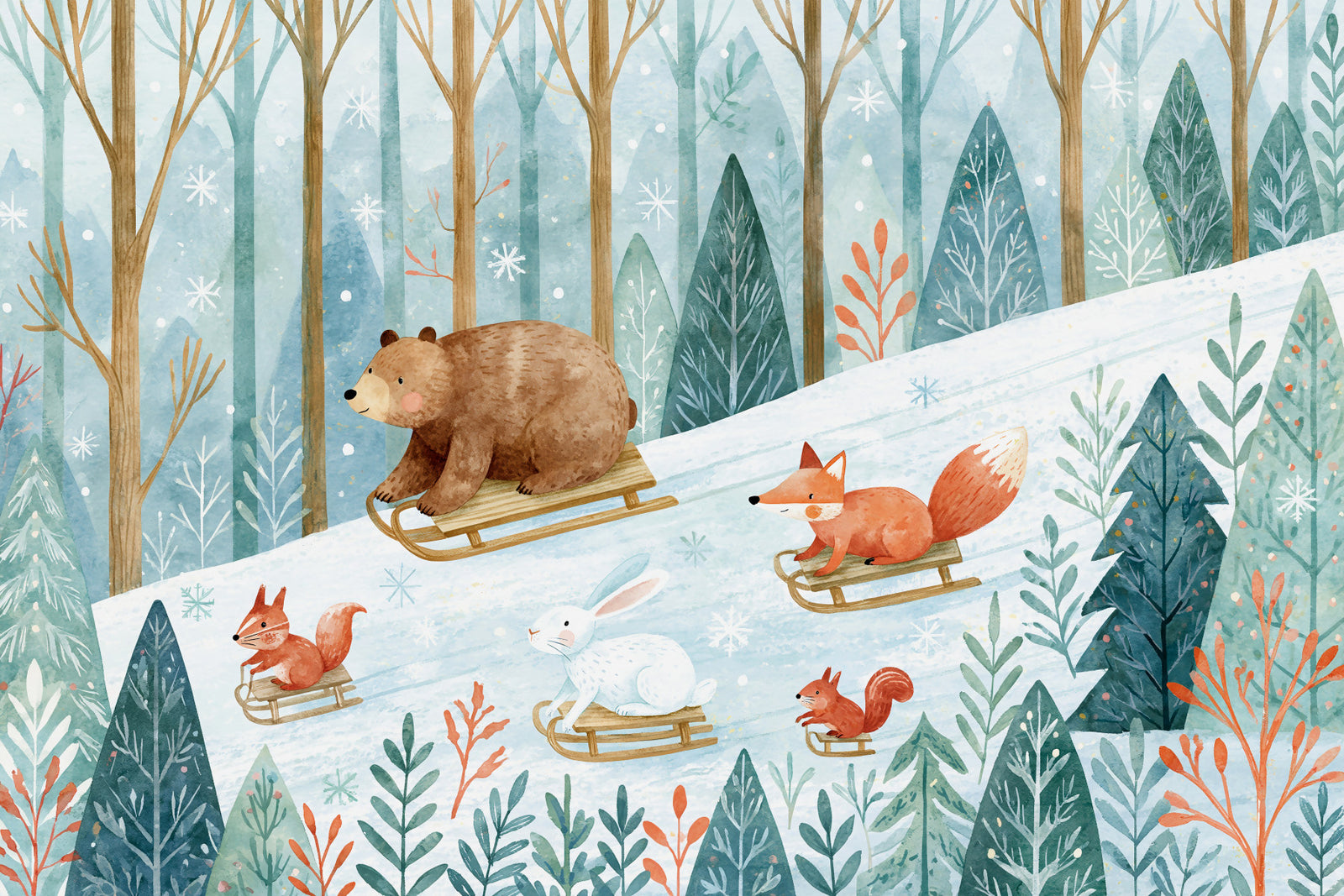 Wandbild „Winterwald-Freunde: Rodelabenteuer“