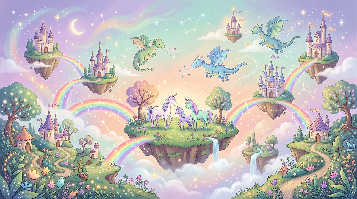 Mural de pared de Islas Flotantes Mágicas y Amigos Míticos in your room — zoomed