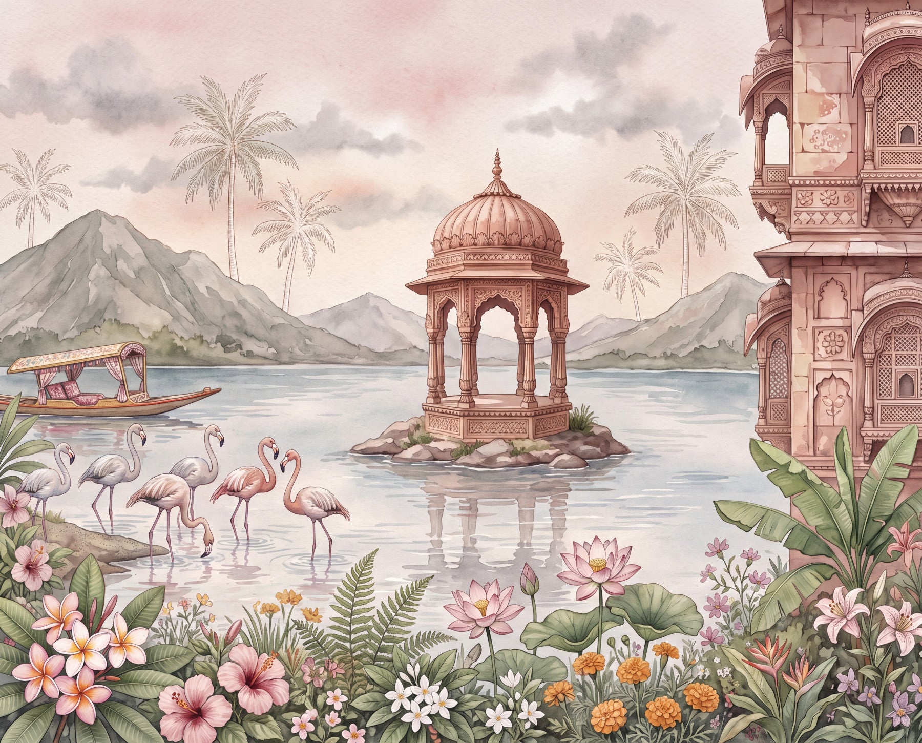 Wandgemälde „Pavillon am Flamingosee“ in your room — zoomed