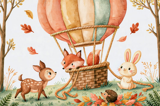Fresque murale « Amis animaux des bois en ballons d’automne »