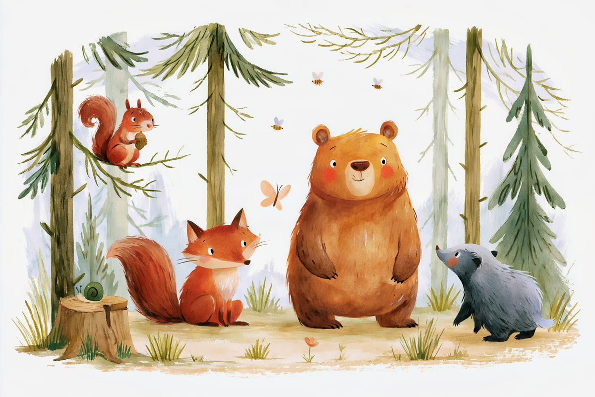 Fresque murale d’amis espiègles des bois dans une forêt automnale in your room — zoomed
