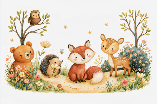 Fresque murale représentant une scène d’amis espiègles dans une forêt automnale, à l’aquarelle