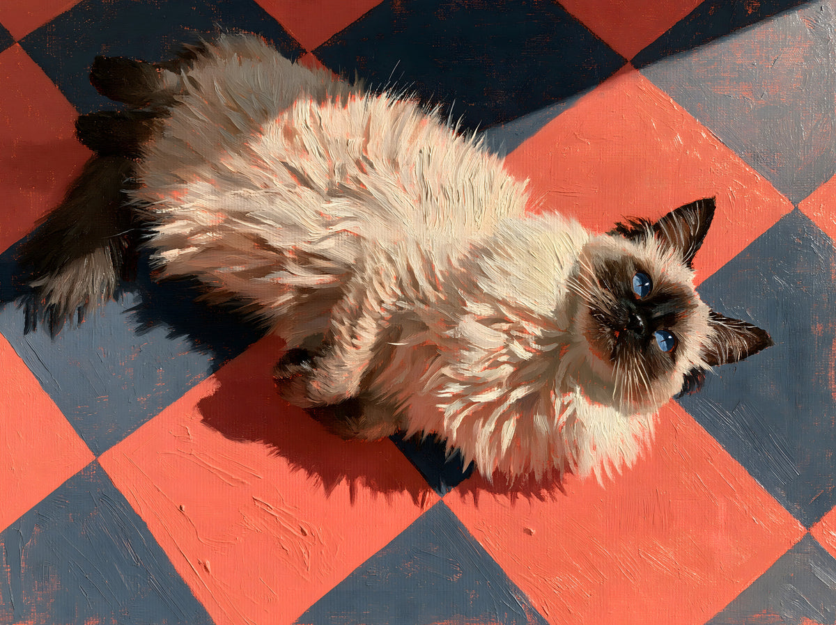 Wandgemälde „Sonnenbeschienene Ragdoll auf karierten Fliesen“ in your room