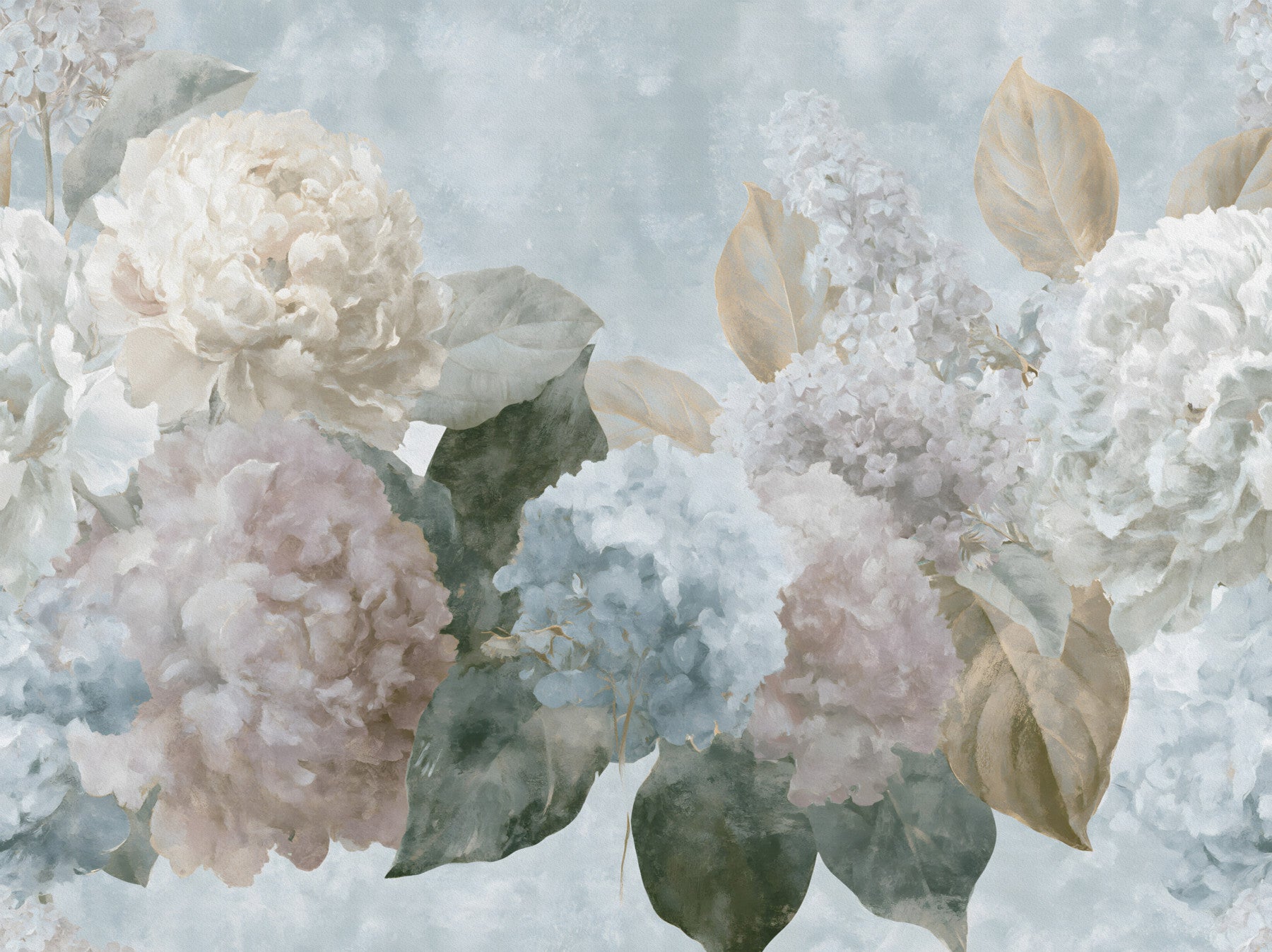 Vintage bloemenmuurschildering met hortensia's en pioenrozen