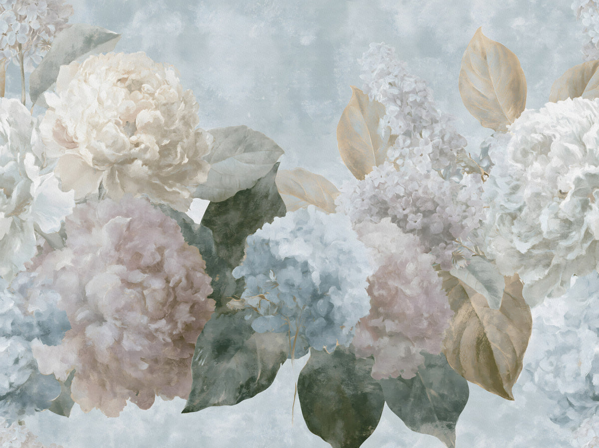 Vintage bloemenmuurschildering met hortensia's en pioenrozen in your room