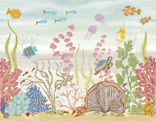 Panorama mural scène fantaisiste de récif corallien sous-marin