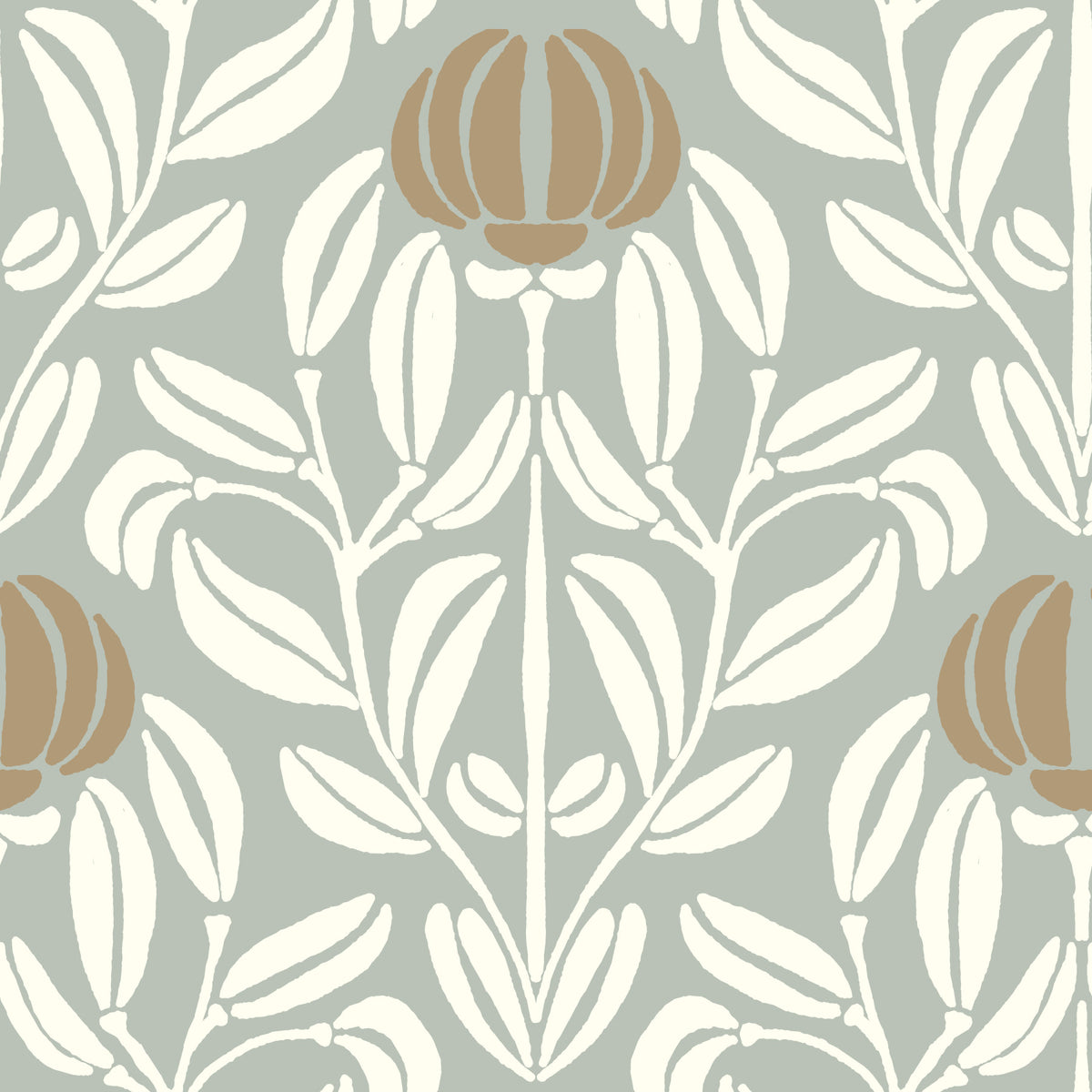 Botanische Symmetrie-Tapete in Salbeigrün und Creme⁠ in your room — zoomed