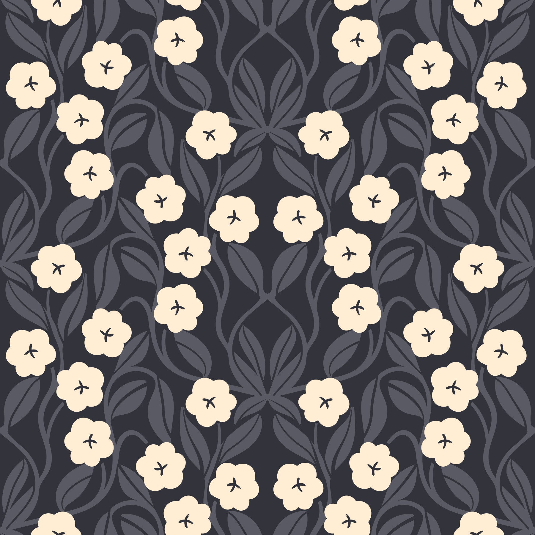 Minimalistische Tapete mit floraler Symmetrie in Anthrazit