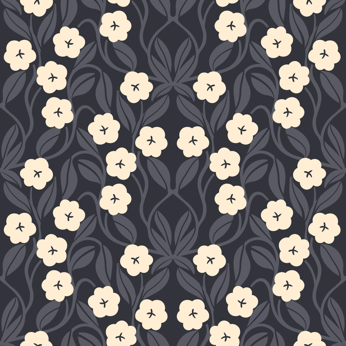 Minimalistische Tapete mit floraler Symmetrie in Anthrazit in your room — zoomed