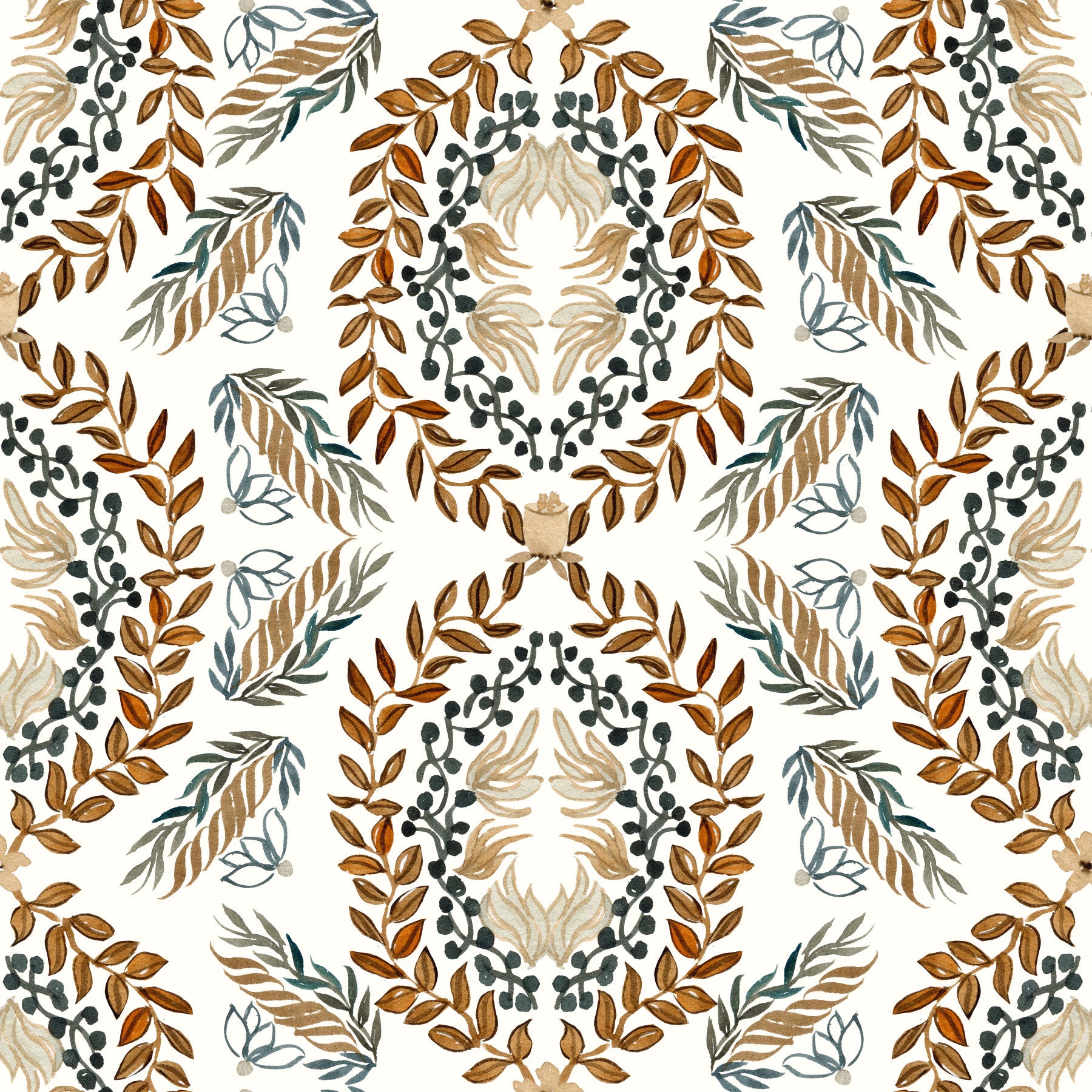 Tapete mit botanischem Aquarellkranz-Motiv