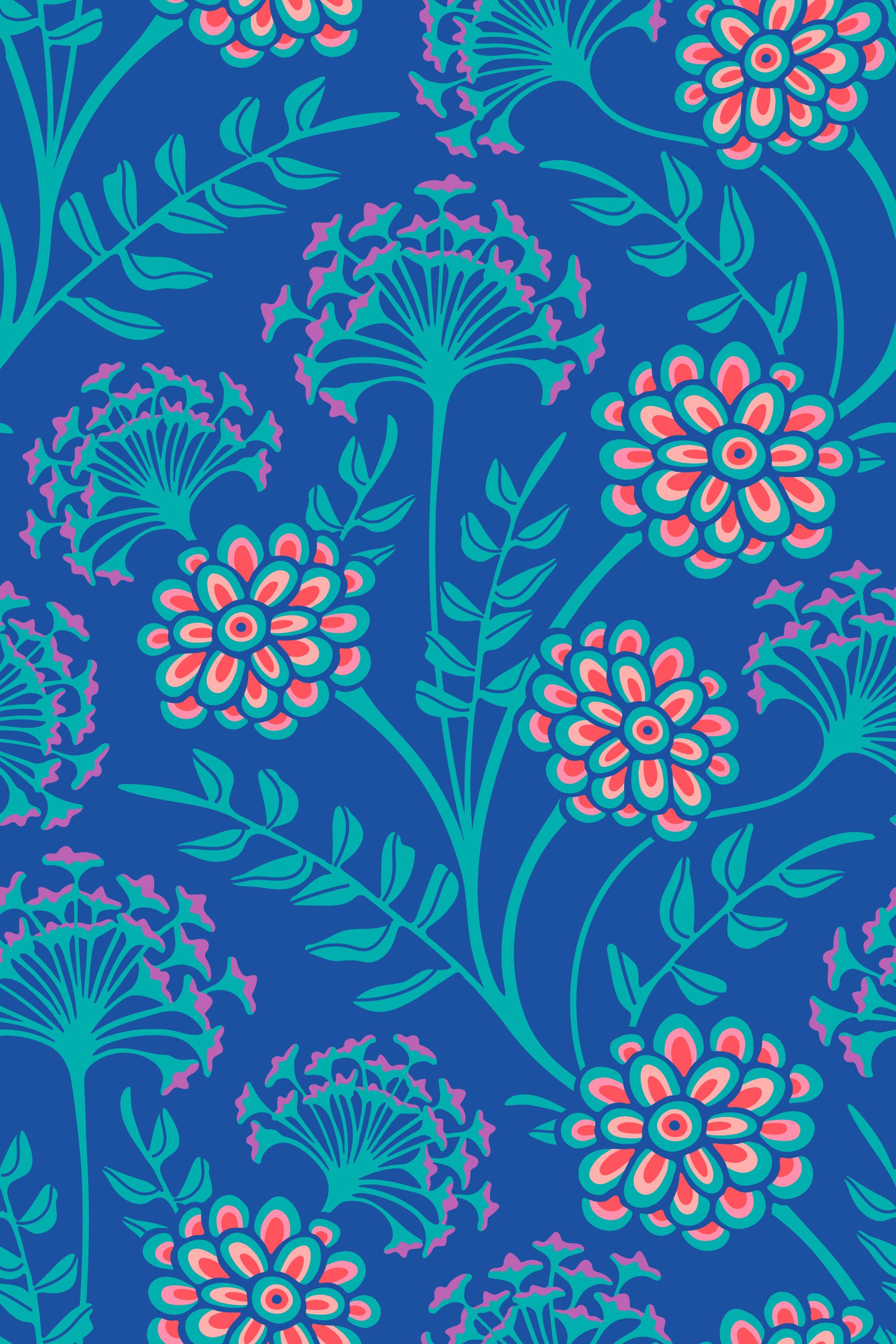 Danube Retro Vintage-Blumentapete mit Zinnien und Wiesenkerbel in Türkis und Königsblau