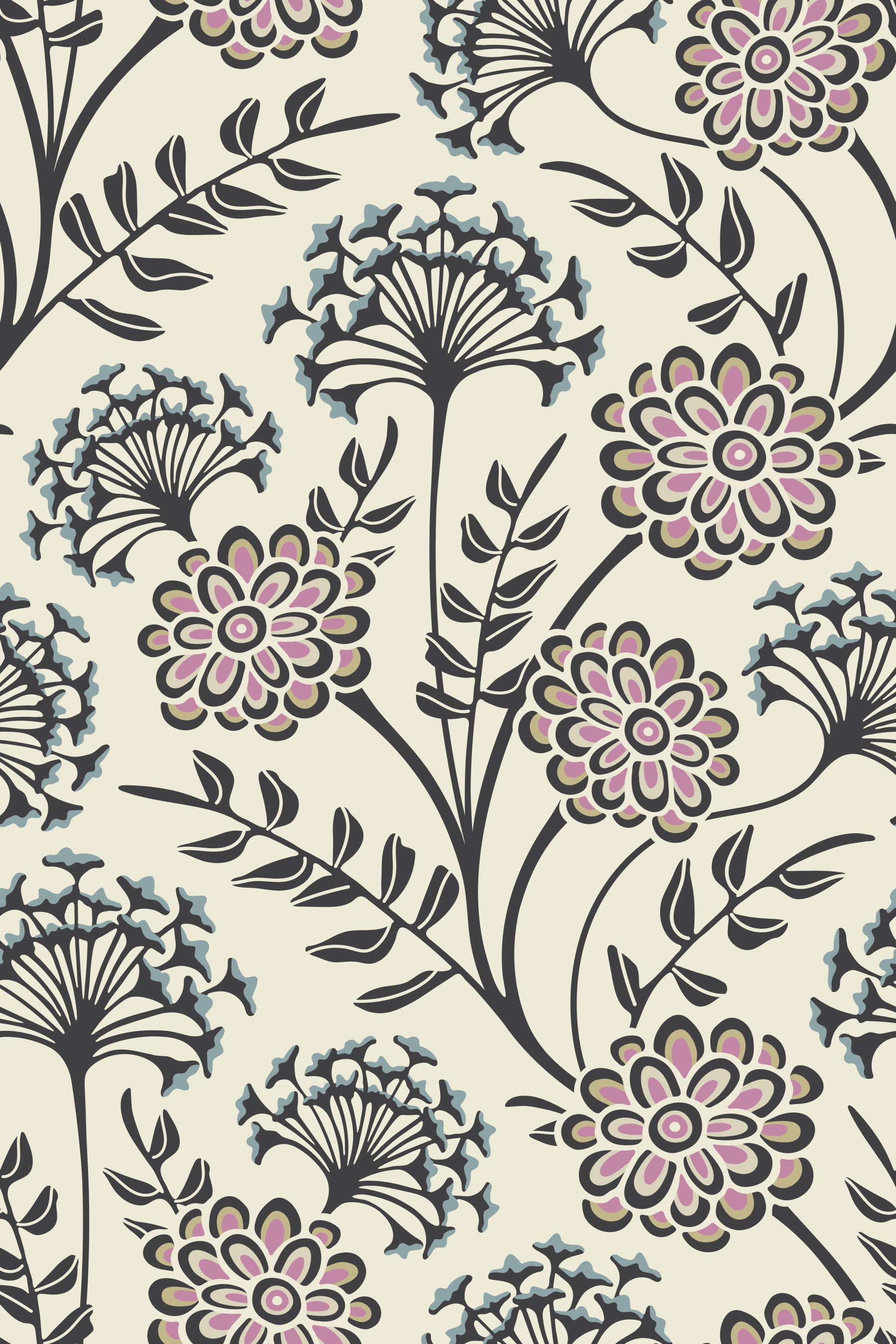 Danube Retro Vintage-Blumentapete mit Zinnien und Wiesenkerbel in Anthrazit und Ecru