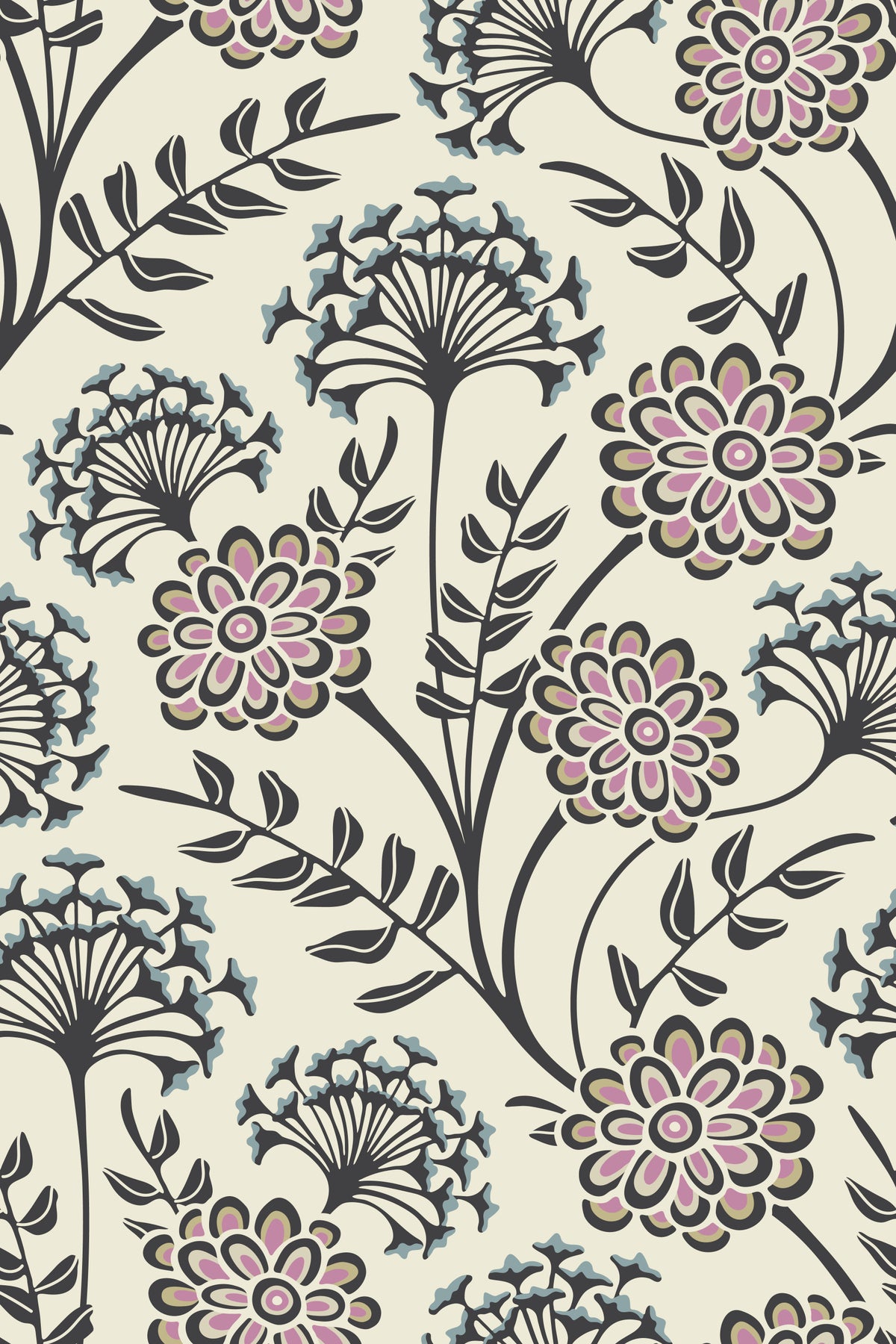 Danube Retro Vintage-Blumentapete mit Zinnien und Wiesenkerbel in Anthrazit und Ecru in your room