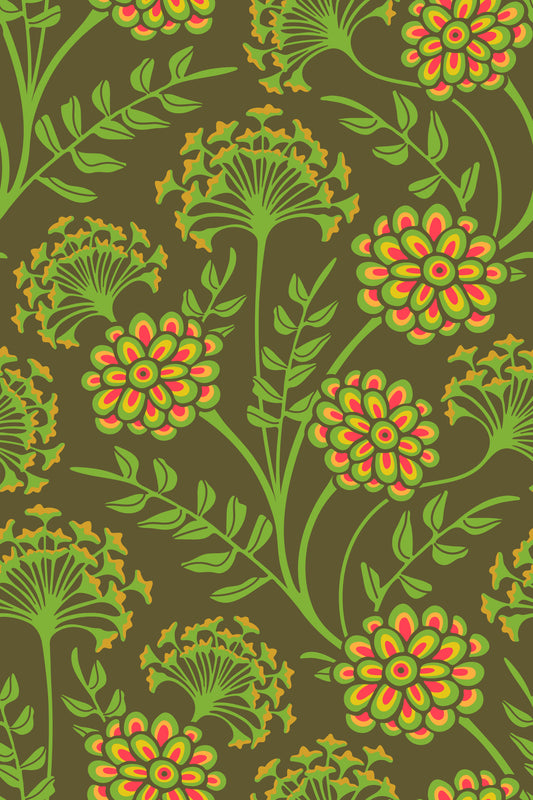 Danube retro vintage-blomstertapet med zinnia og hundepersille i gul og mosgrøn