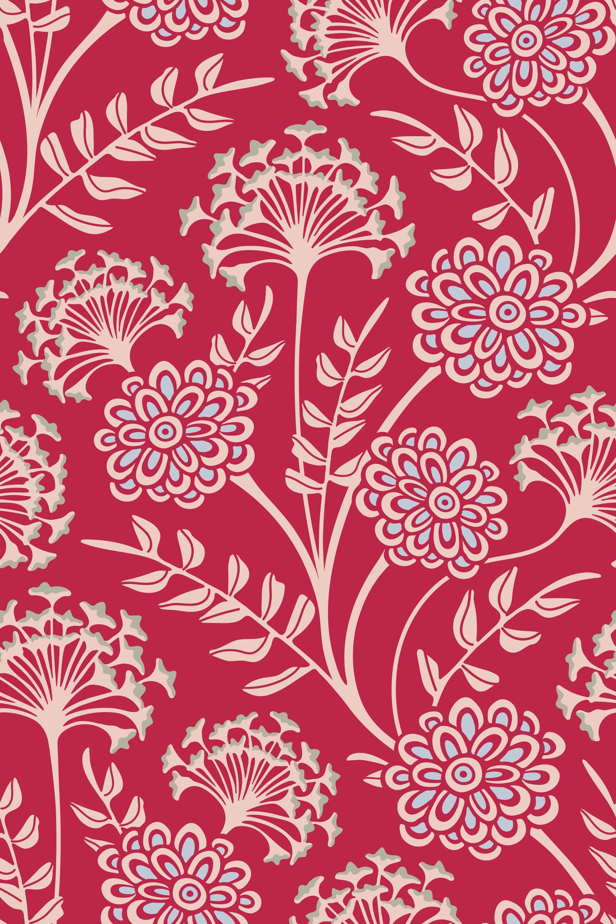 Danube retro-vintage blomstret tapet med zinnia og vild gulerod i viva magenta-rød in your room — zoomed