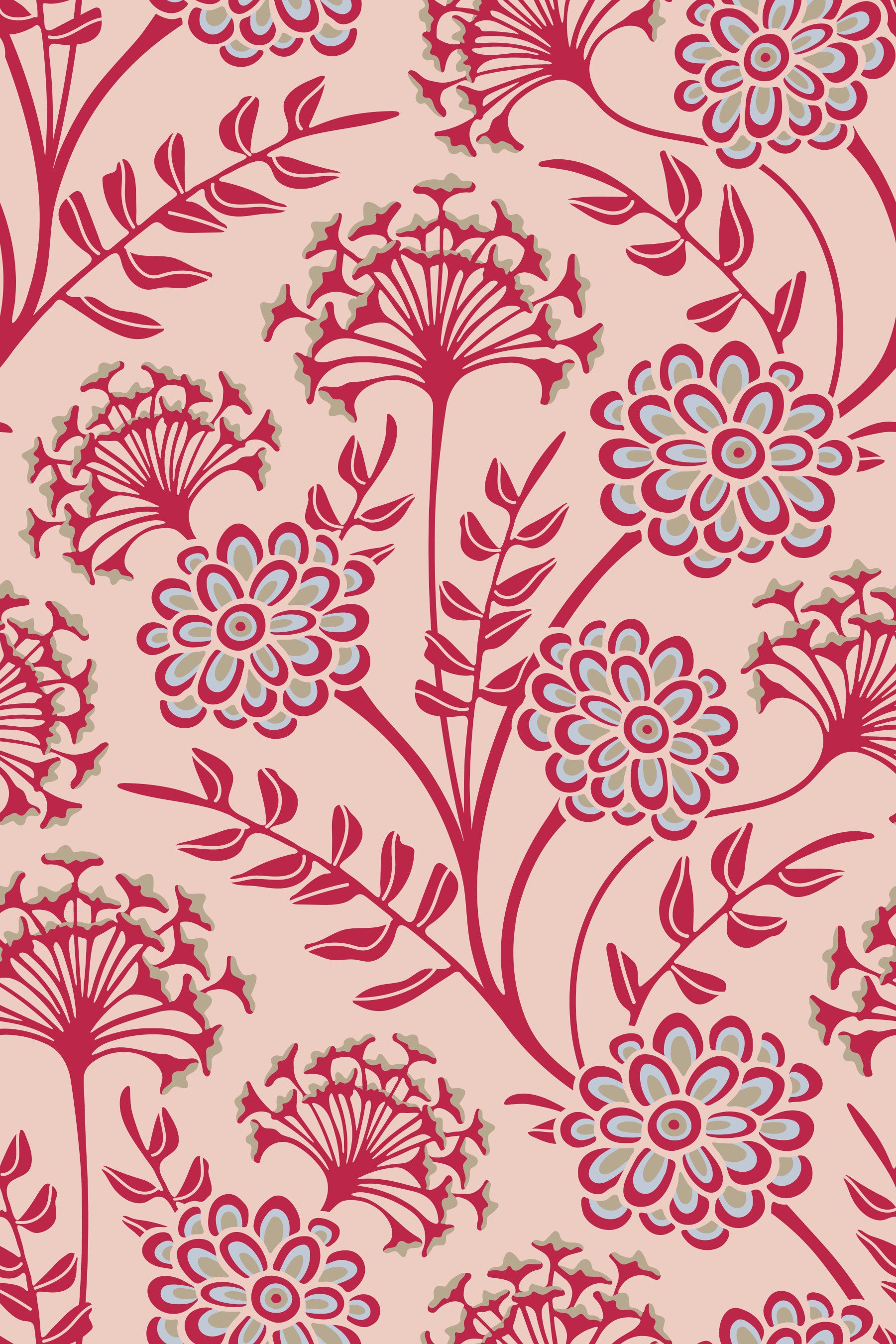 Danube Retro vintage bloemenbehang met zinnia en fluitenkruid in Viva Magenta-rood en Warm Sand