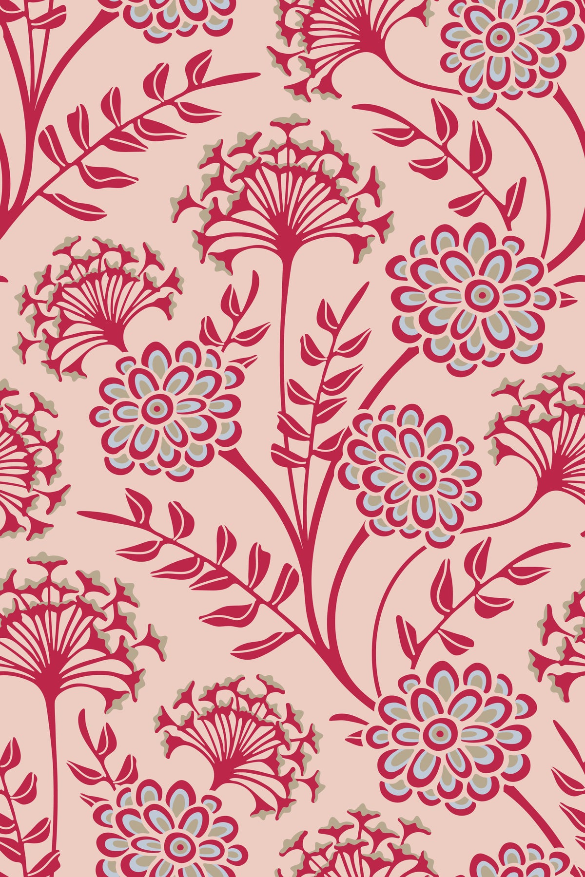 Danube Retro vintage bloemenbehang met zinnia en fluitenkruid in Viva Magenta-rood en Warm Sand in your room