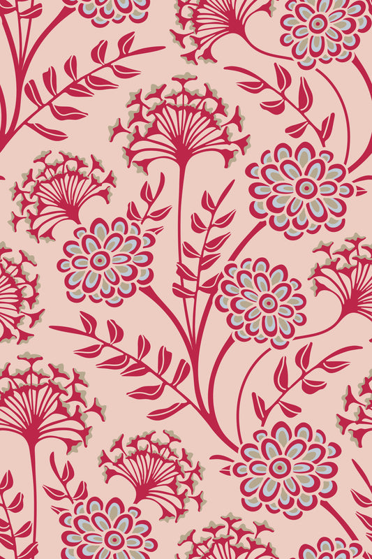 Danube retro-vintage blomstret tapet med zinnia og vild gulerod i viva magenta-rød og varm sand