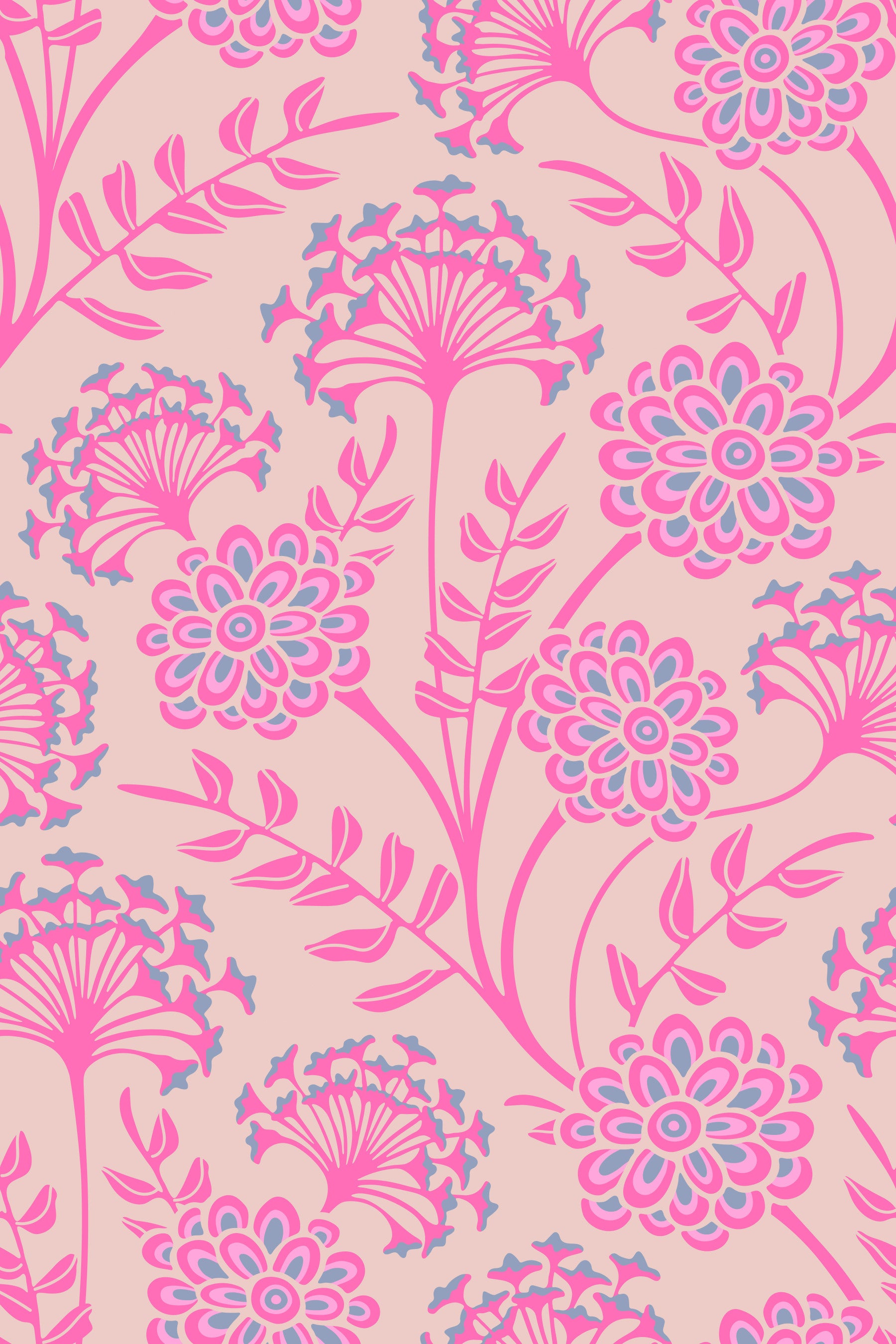 Danube Retro Vintage blomstret tapet med zinnia og vild kørvel i Pretty In Pink