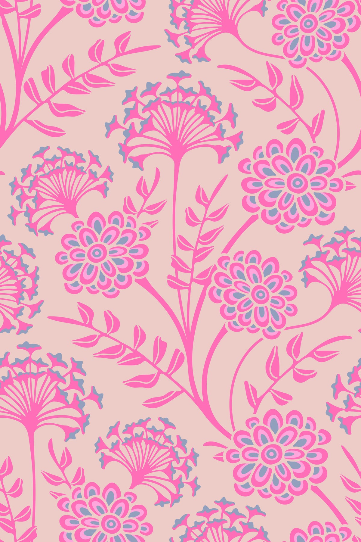 Danube Retro Vintage blomstret tapet med zinnia og vild kørvel i Pretty In Pink in your room — zoomed