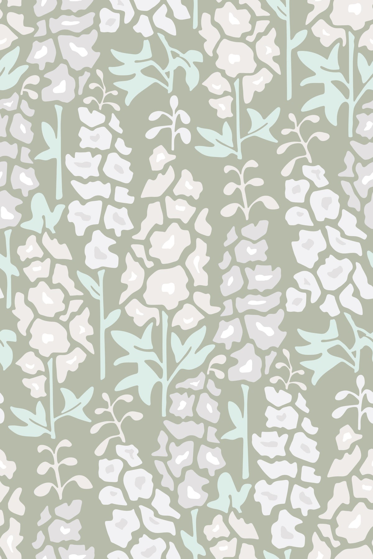 Delphinium Garden Retro sommerblomstret tapet i hvid og grå in your room — zoomed