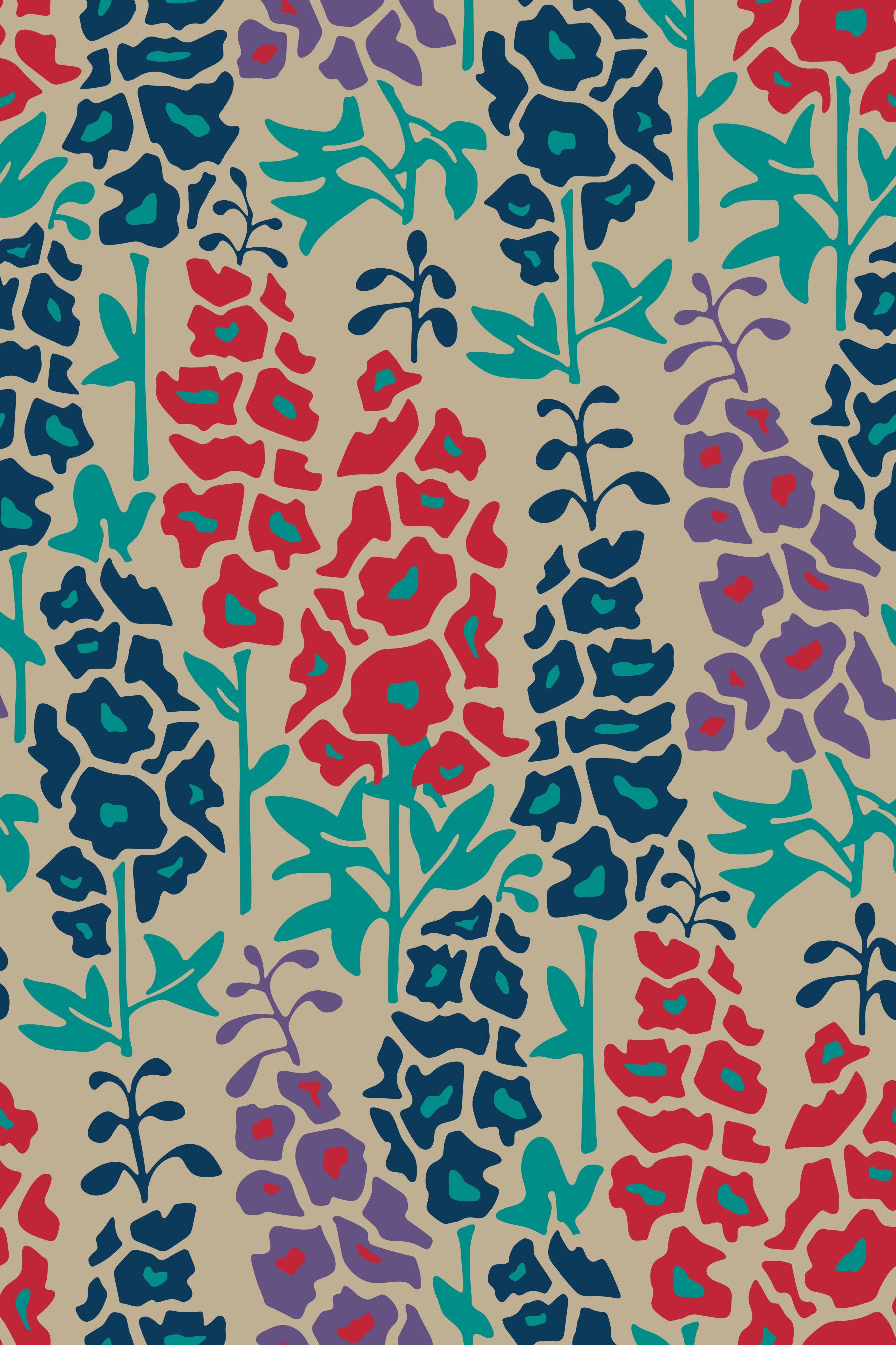 Papier peint fleuri estival rétro Delphinium Garden, bleu marine, rouge et violet⁠