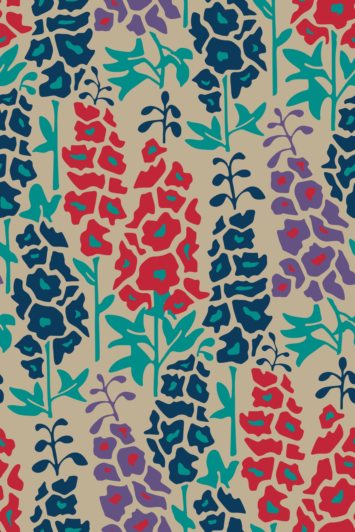 Papier peint fleuri estival rétro Delphinium Garden, bleu marine, rouge et violet⁠ in your room