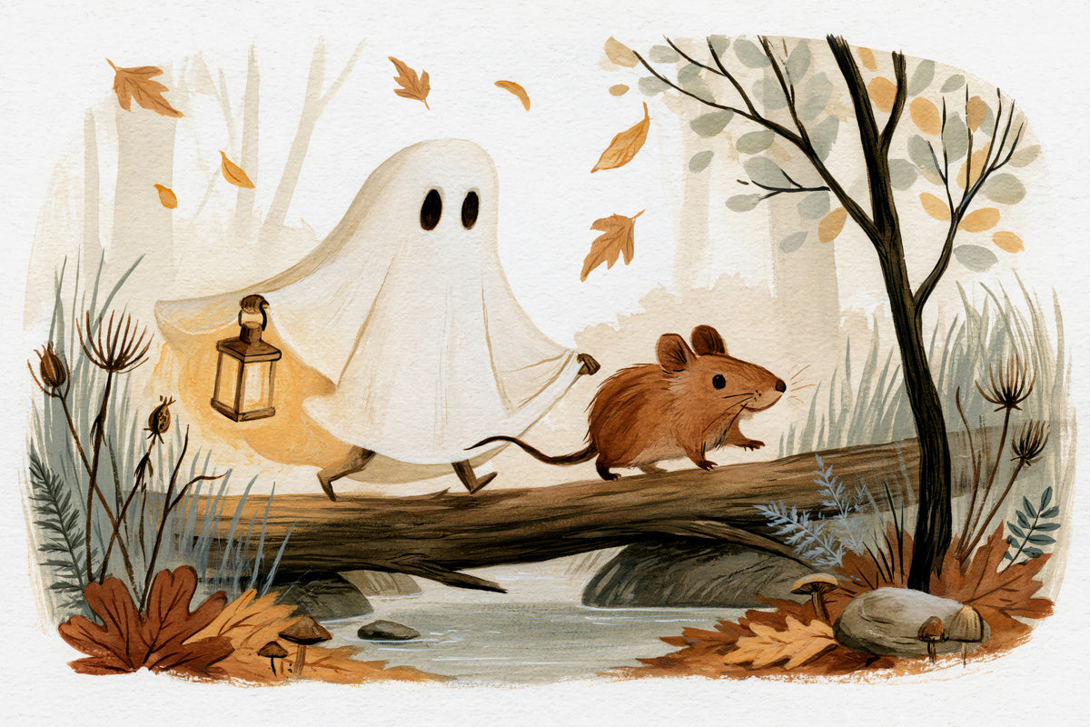 Little Ghost and Mouse Walk the Autumn Forest Wall Mural