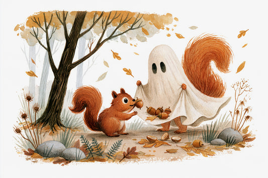 Little Ghost and Squirrel Share Autumn Acorns Wall Mural